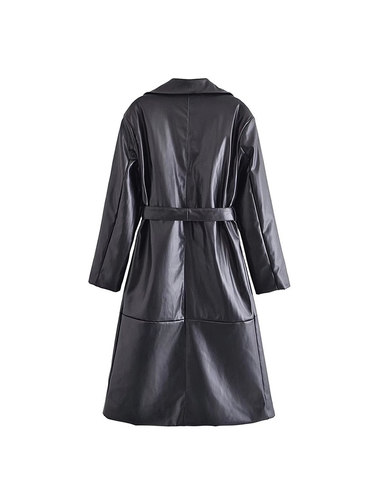 Schwarzer Ledermantel Damen, lang, Gürtel, elegantes Design, Herbstmode, Rückansicht