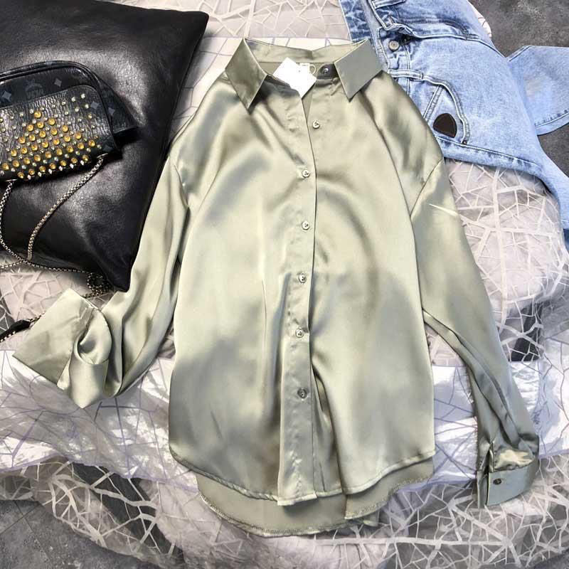 Seidenbluse Damen, hellgrün, langarm, elegant, Knopfleiste, glänzend, modisch, Freizeitkleidung