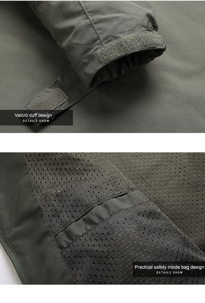 Grüne Outdoor-Jacke mit Klettverschluss und Innentasche, atmungsaktives Material.