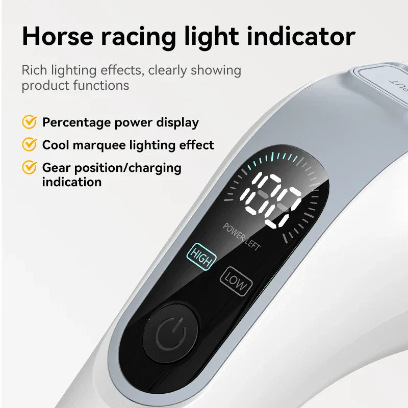 Elektrischer Haarschneider mit LED-Anzeige, weiß, Akku-Status, Pferderennen-Lichteffekt
