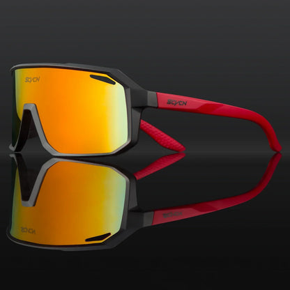 Sportsonnenbrille mit rotem Rahmen und gelben Gläsern, ideal für Radfahren und Outdoor-Aktivitäten.