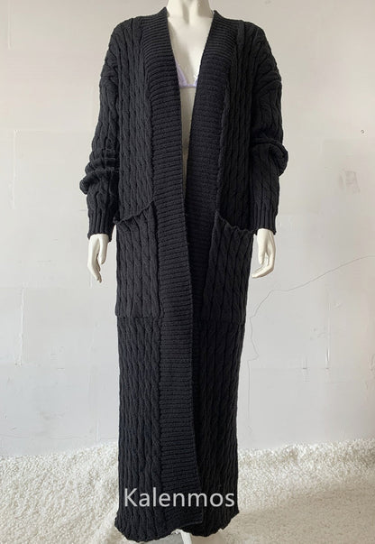 Schwarzer Strick-Cardigan aus Wolle, lang, mit Taschen, Damenmode, Herbst-Winter-Kleidung.