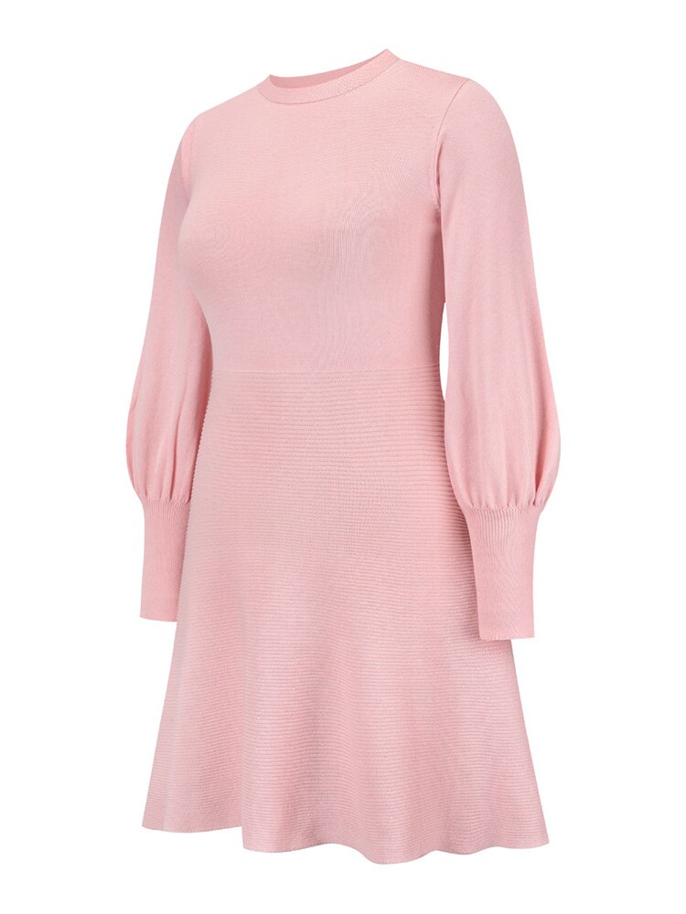 Rosa Strickkleid Damen, langärmlig, Rundhalsausschnitt, elegant, modisch, bequem.