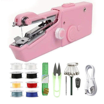 Tragbare rosa Handnähmaschine mit Nähzubehör, ideal für schnelle Reparaturen und DIY-Projekte.
