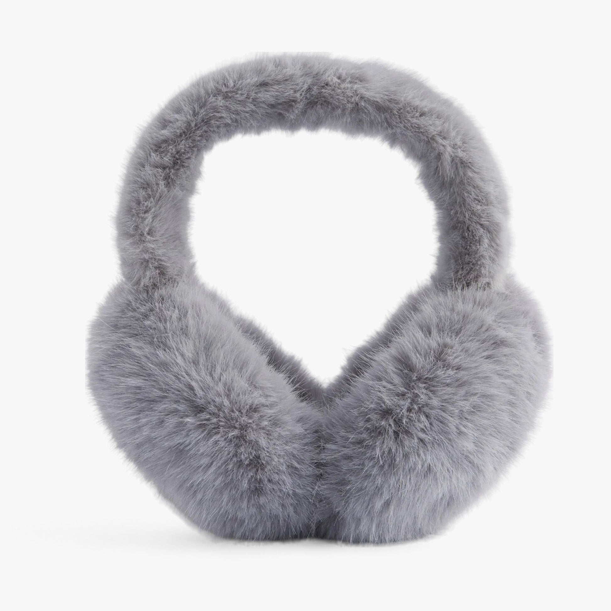 Graue flauschige Ohrenschützer aus Kunstfell, Winteraccessoire, warm und stilvoll.