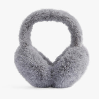 Graue flauschige Ohrenschützer aus Kunstfell, Winteraccessoire, warm und stilvoll.