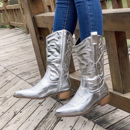 Silberne Cowboystiefel Damen, Leder, spitzer Absatz, modisch, Outdoor, Jeans, Holzsteg.