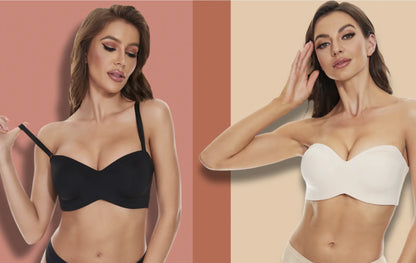 Zwei Frauen in schwarzen und weißen trägerlosen BHs, nahtlos, bequem, modisch, Unterwäsche.