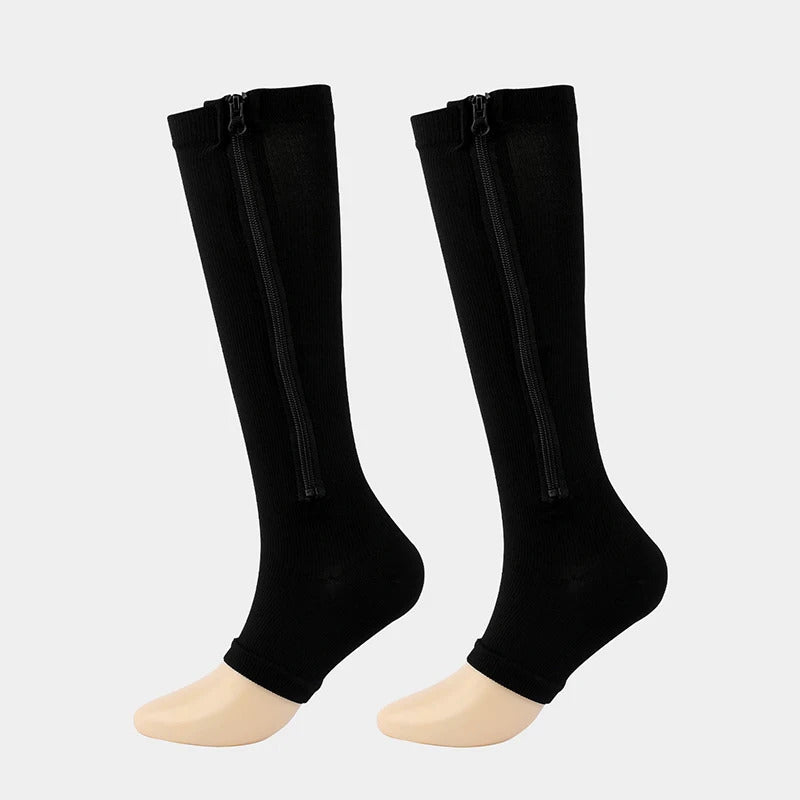 Schwarze Kompressionsstrümpfe mit Reißverschluss, knielang, Unisex, medizinisch, elastisch.