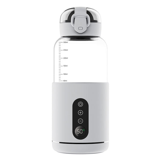 Graue elektrische Thermosflasche mit Temperaturanzeige, 300ml, BPA-frei, tragbar.