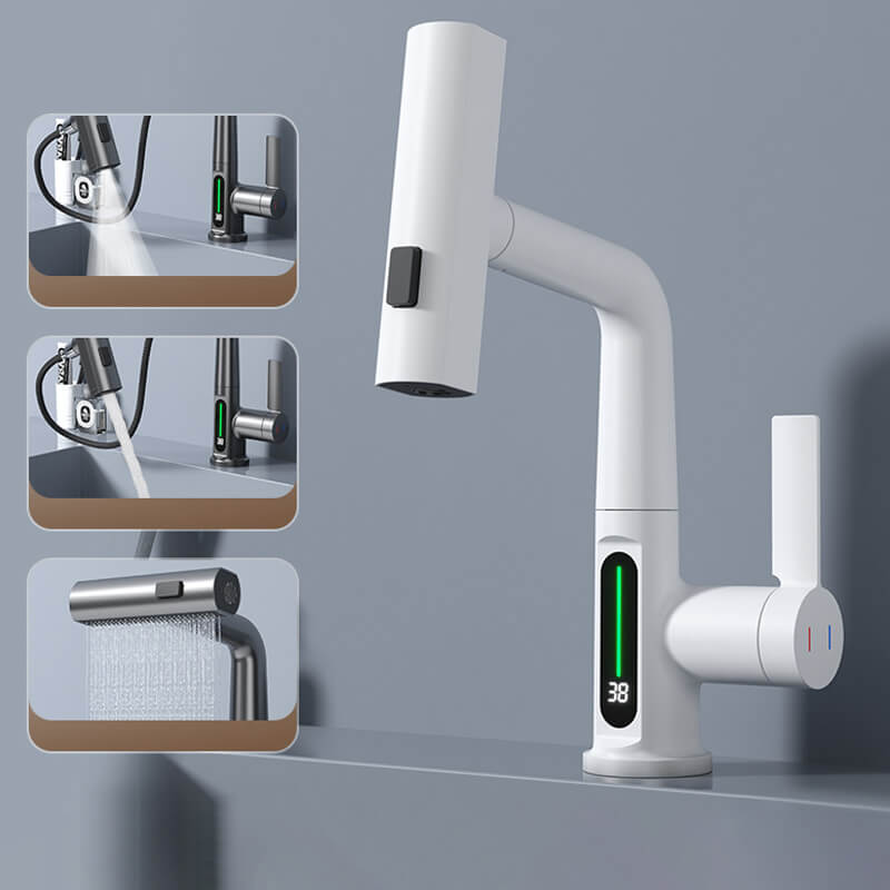 Moderner weißer Küchenarmatur mit digitaler Temperaturanzeige und verstellbarem Wasserstrahl.