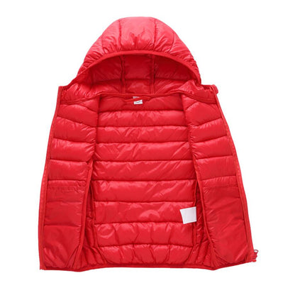 Rote Daunenjacke mit Kapuze, leicht, warm, Winterbekleidung, Outdoor, Herrenmode.