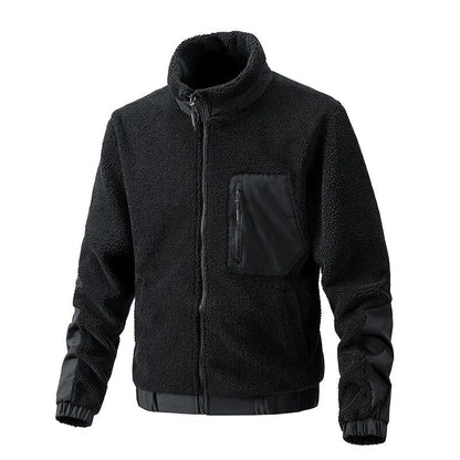Schwarze Fleecejacke mit Reißverschluss, Brusttasche, warm, Herrenmode, Outdoor-Bekleidung.