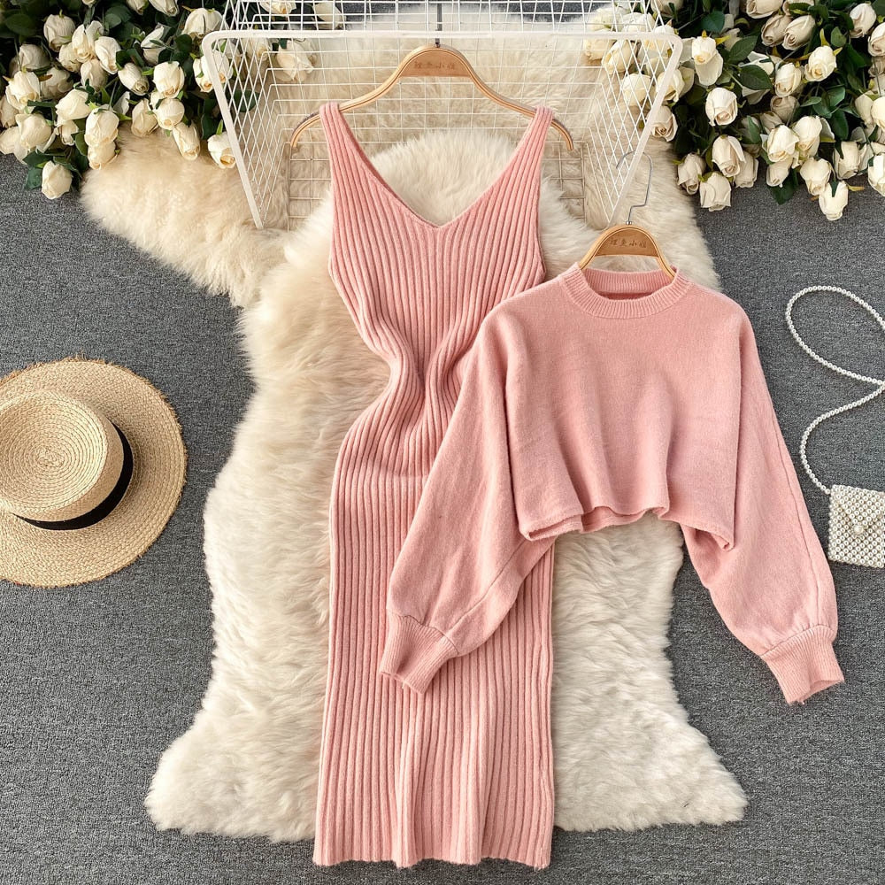 Rosa Strickkleid und Pullover-Set, ärmellos, V-Ausschnitt, Damenmode, elegant, bequem.