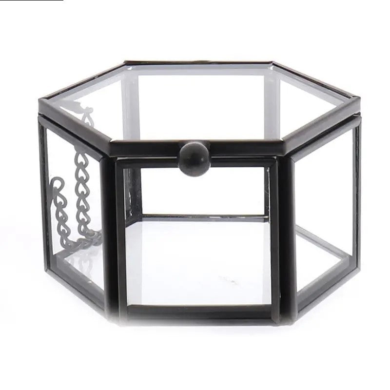 Sechseckige Glasbox mit schwarzem Metallrahmen, Schmuckaufbewahrung, transparent, modern.