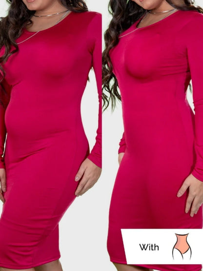 Frau in rotem Kleid mit Shapewear, Vorher-Nachher-Vergleich, figurformende Unterwäsche.