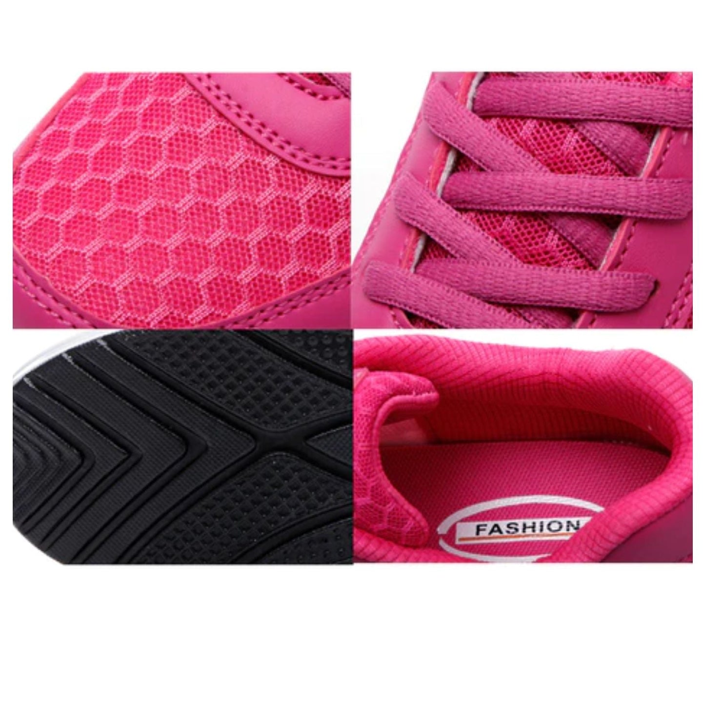 Pinkfarbene Sportschuhe mit gepolsterter Sohle, atmungsaktivem Mesh und rutschfester Gummisohle.
