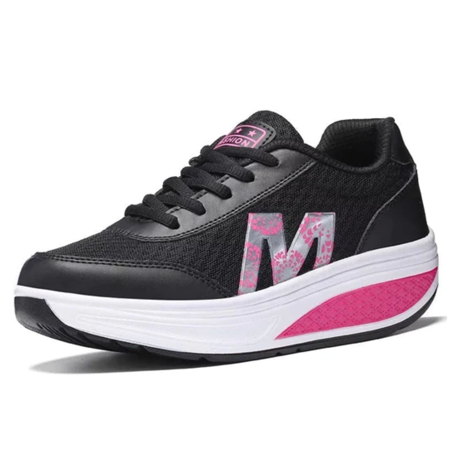 Schwarzer Sportschuh mit gepolsterter Sohle, pinken Akzenten und Mesh-Obermaterial.