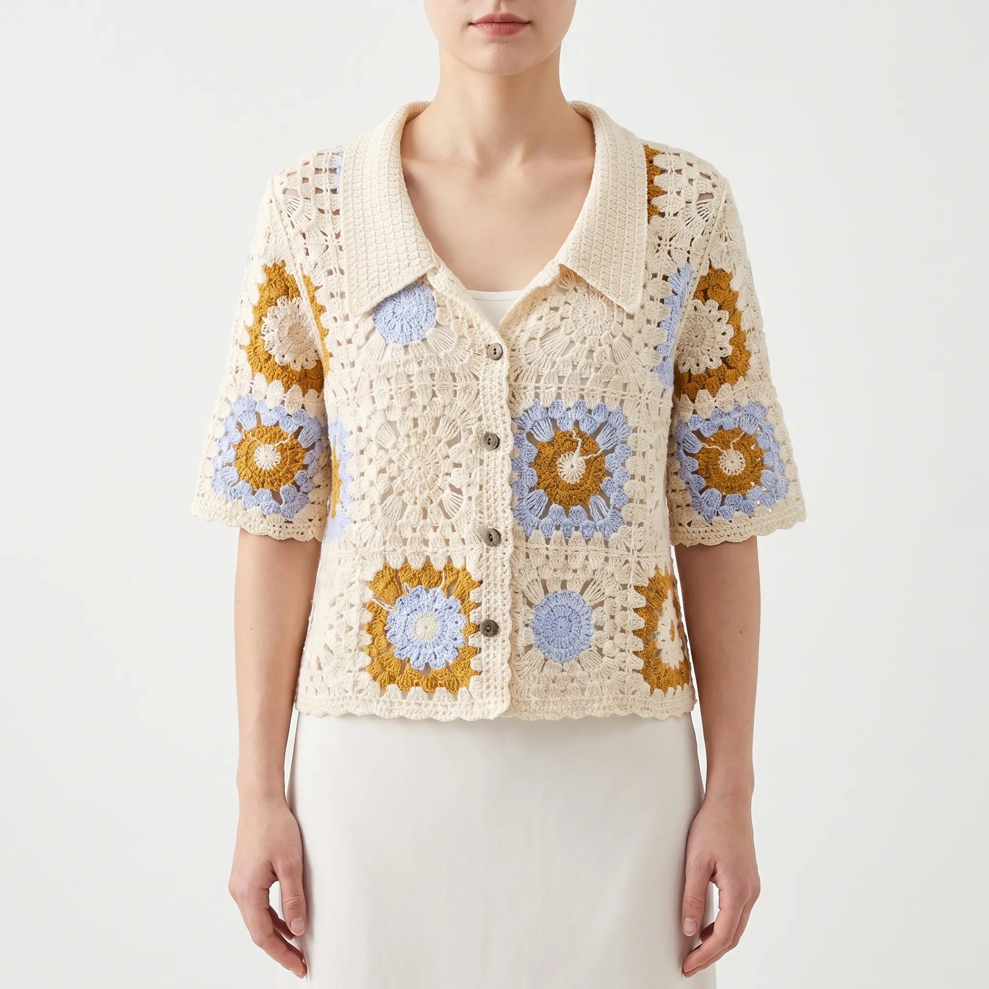 Short-Sleeved Crochet Cardigan -  Celia
