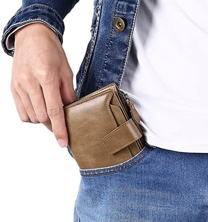 Person steckt braune Leder-Geldbörse in blaue Jeans-Tasche, multifunktional, kompakt.