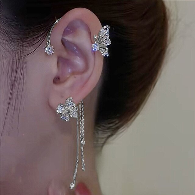 Silberne Strass-Schmetterling Ohrclips, funkelnde Zirkonia, ohne Piercing, für Frauen.