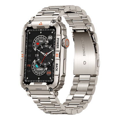 Silberne Edelstahl-Smartwatch mit robustem Design und multifunktionalem Zifferblatt.