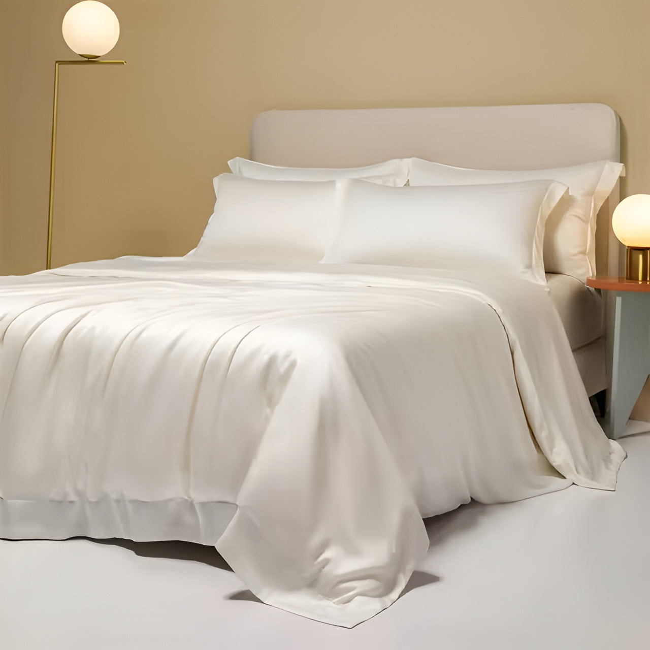 Luxuriöses weißes Bambus-Bettwäsche-Set, ultra atmungsaktiv, auf einem Bett im modernen Schlafzimmer.