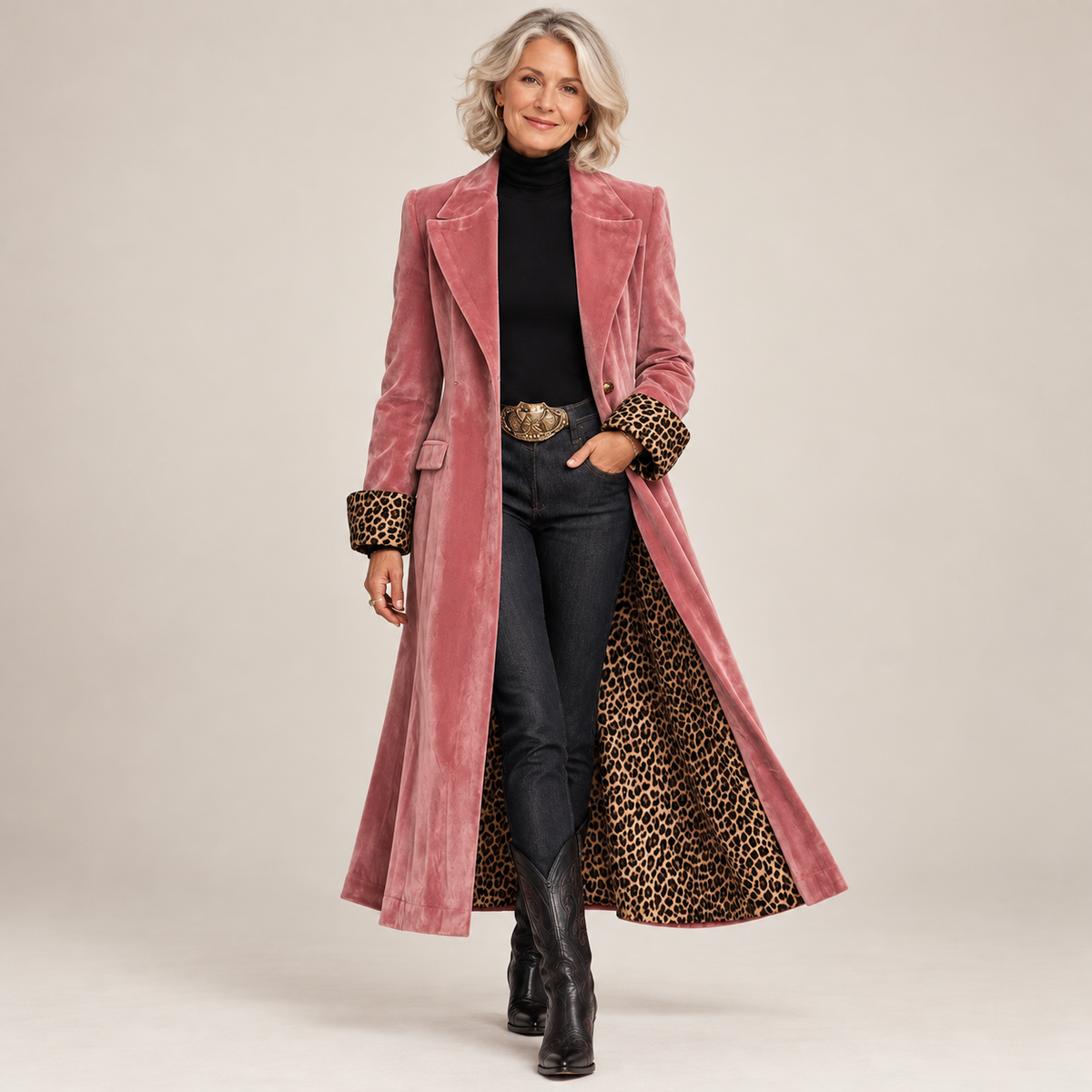 Kvinna med grått hår bär den rosa sammetskappan öppen över svart polotröja, jeans och cowboyboots mot ljus studiobakgrund. 1