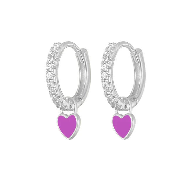Silberne Creolen mit lila Herzanhänger, Zirkonia, Damen Ohrringe, modischer Schmuck