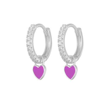 Silberne Creolen mit lila Herzanhänger, Zirkonia, Damen Ohrringe, modischer Schmuck