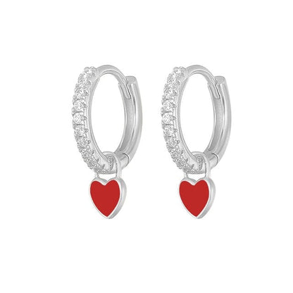 Silberne Creolen mit roten Herzanhängern, Zirkonia, Damen Ohrringe, modischer Schmuck