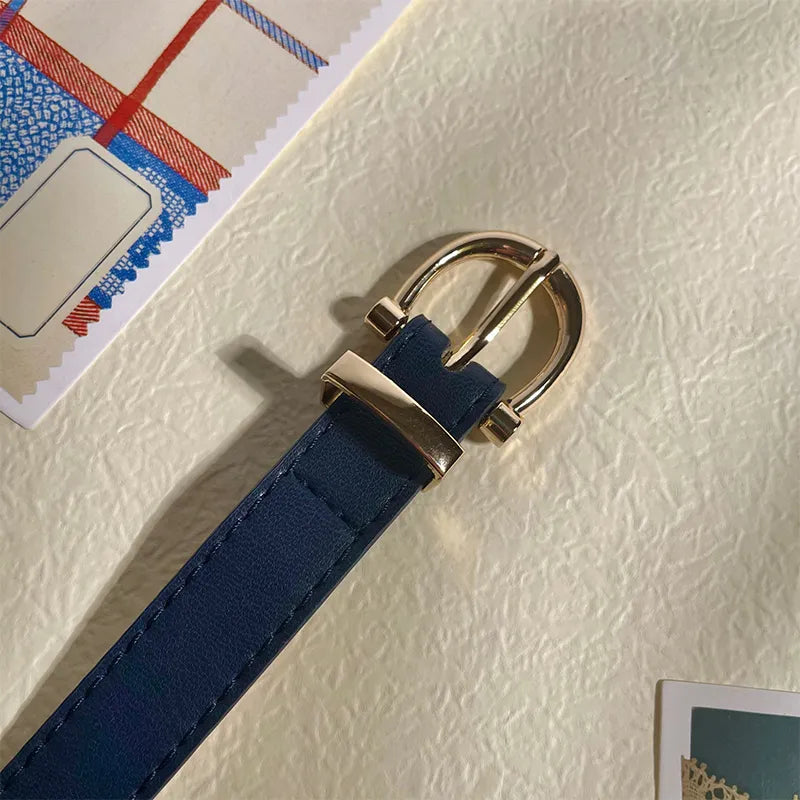 Dunkelblauer Ledergürtel mit goldener Metallschnalle auf hellem Hintergrund.