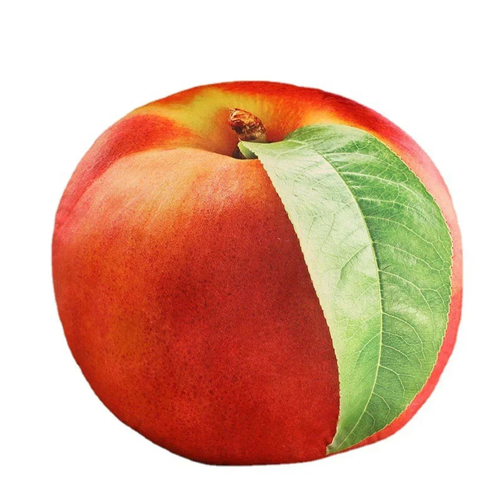 Kissen in Pfirsichform, realistisch, orange-rot, mit grünem Blatt, Dekoration, Geschenkidee.