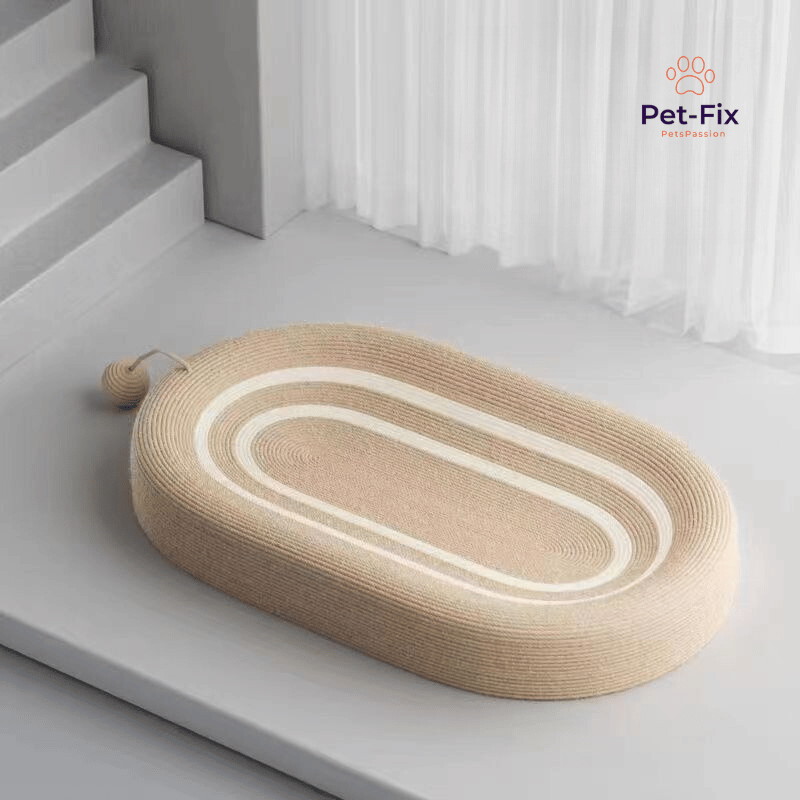 Sisal Kratzbett für Katzen, oval, beige, langlebig, ideal zum Kratzen und Schlafen.