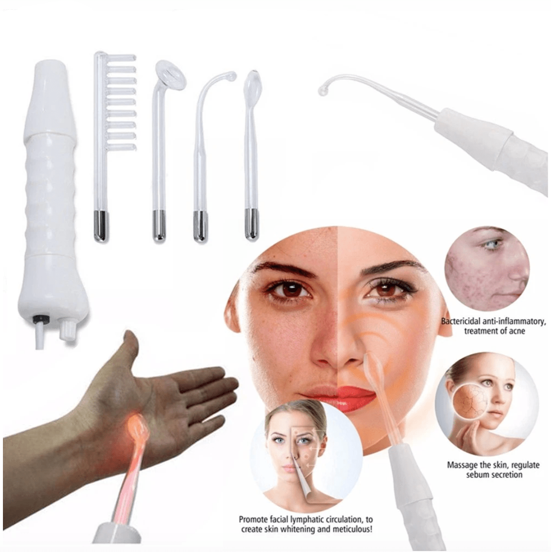 Hochfrequenzgerät zur Hautpflege, Aknebehandlung, Anti-Aging, weiß, mit verschiedenen Aufsätzen.