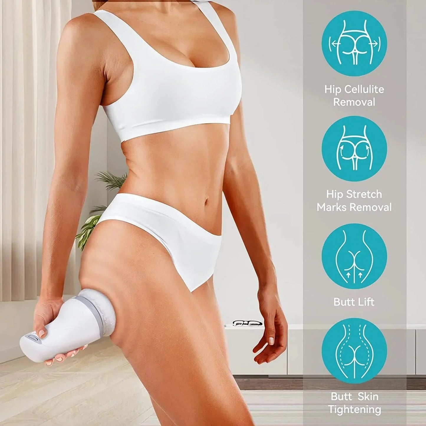 Frau verwendet Anti-Cellulite-Massagegerät, weiß, für Hautstraffung und Po-Lifting.