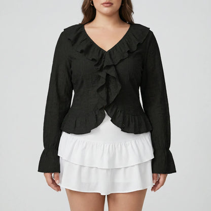 Slim Fit Ruffled Long Sleeve Top - Carmen