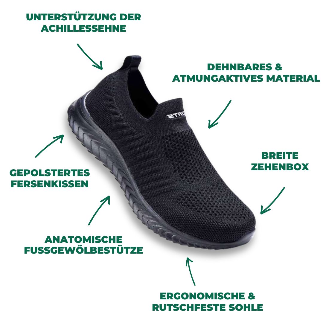Schwarzer Slip-On Sneaker, atmungsaktiv, ergonomische Sohle, breite Zehenbox, gepolstert.