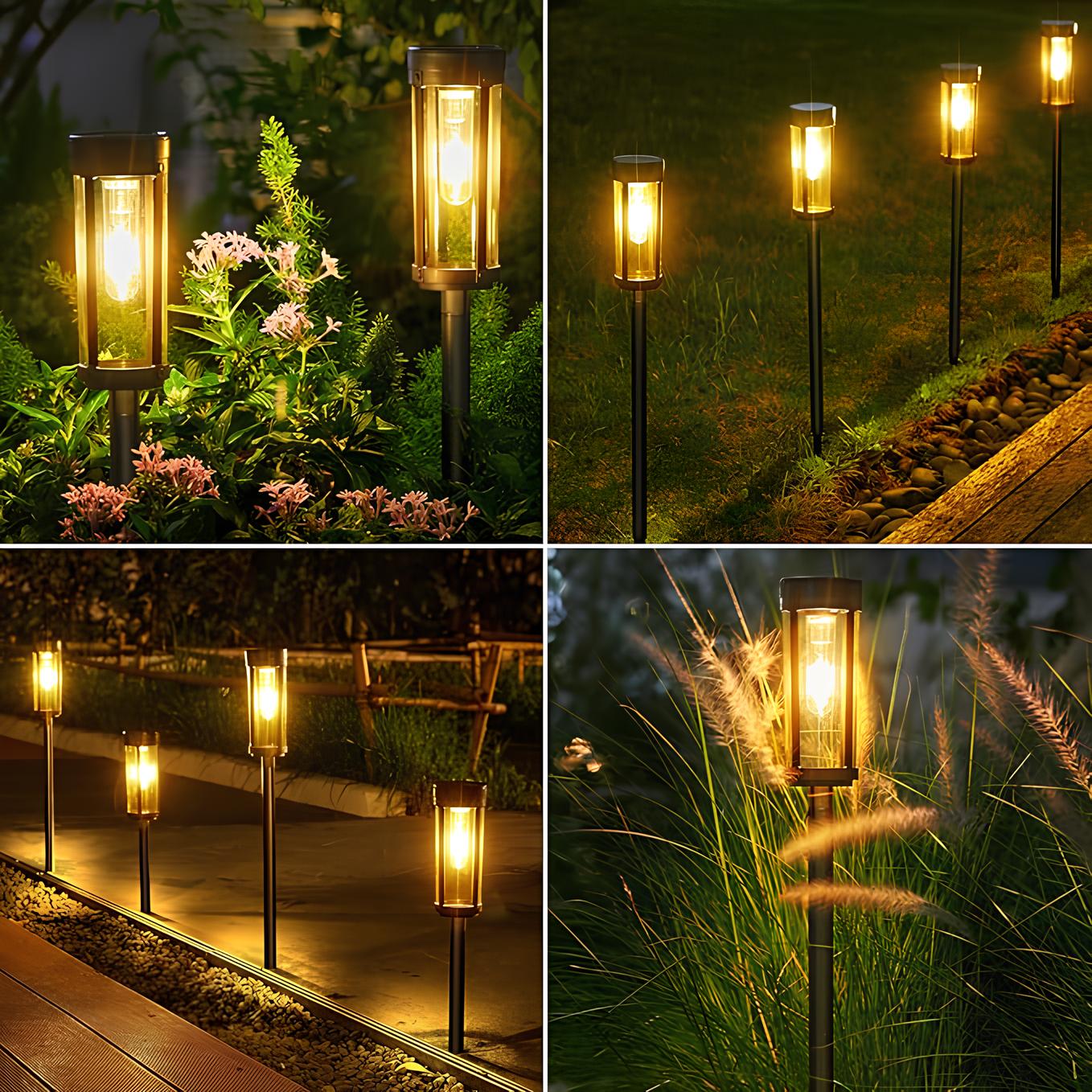 Solarbetriebene Gartenfackel, LED, warmweißes Licht, wetterfest, Außenbeleuchtung.