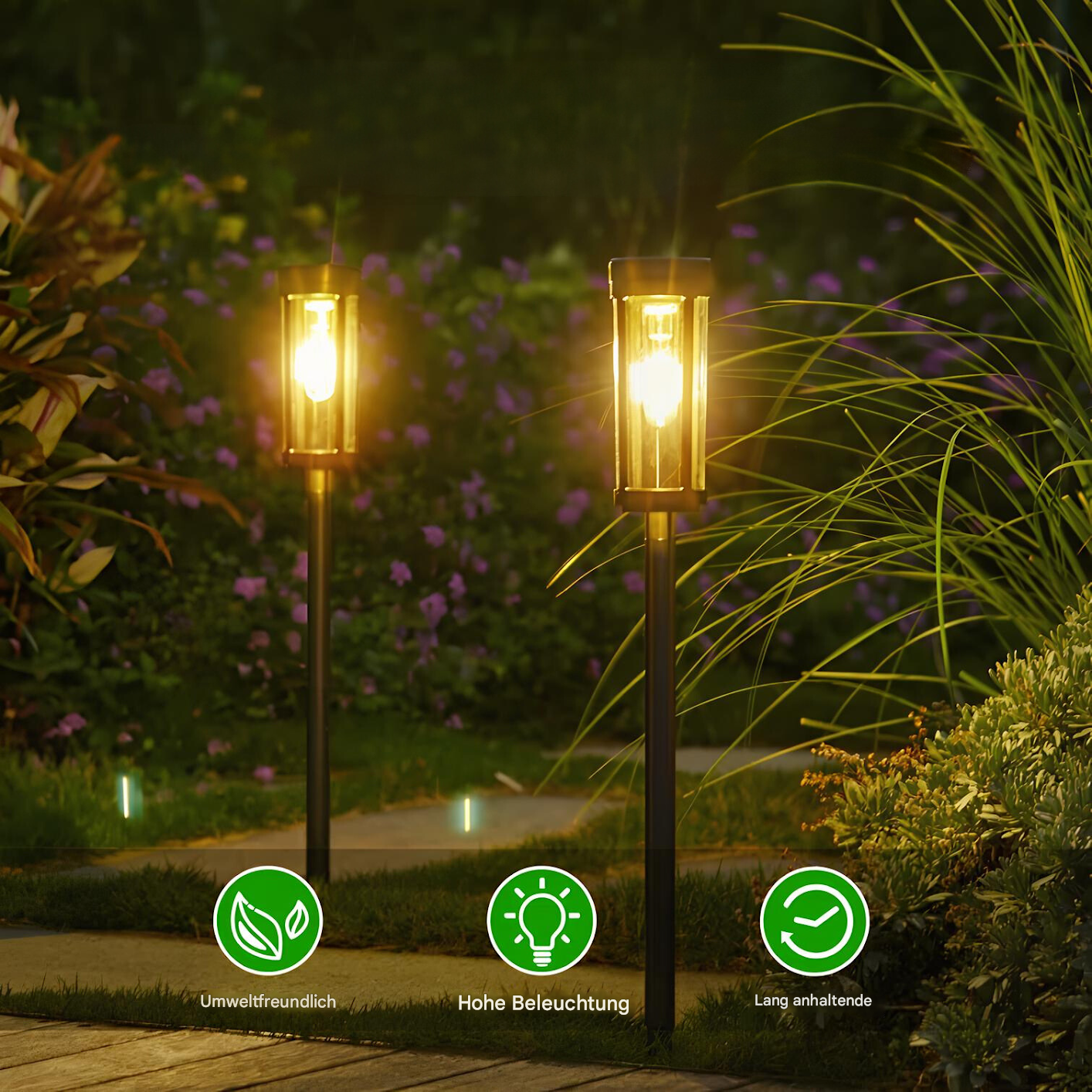 Solarbetriebene Gartenfackel, LED, umweltfreundlich, hohe Leuchtkraft, langlebig, Außenbeleuchtung.