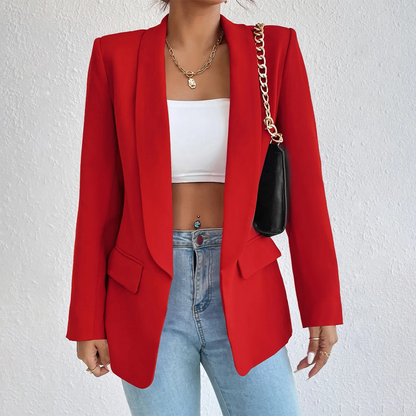 Roter Damenblazer, Polyester-Baumwolle, langärmelig, Büro, modisch, elegant.