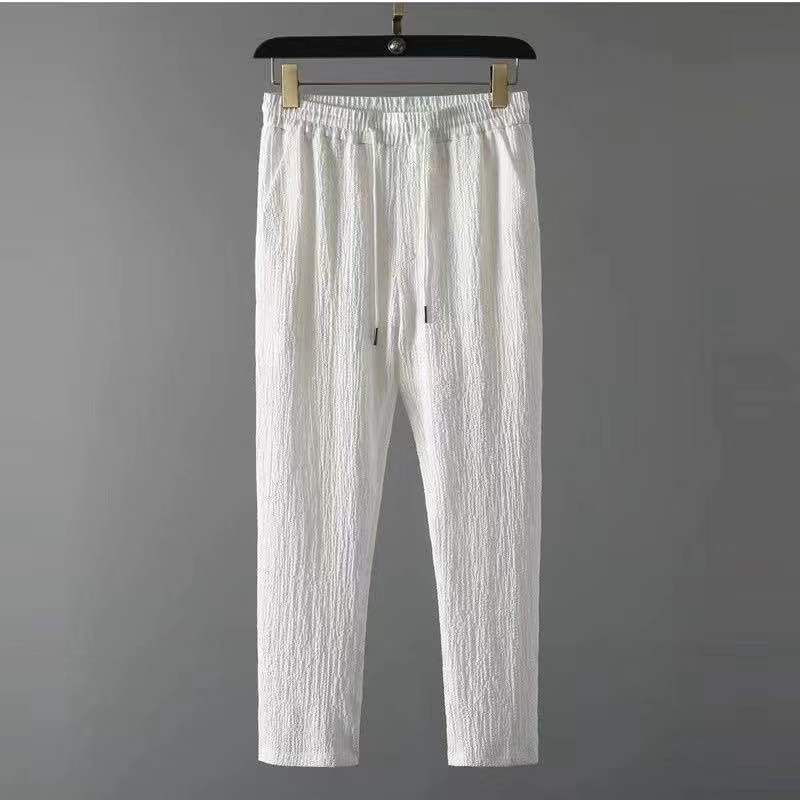 Weiße Herren-Freizeithose, elastischer Bund, Sommermode, klassisch, bequem, atmungsaktiv.