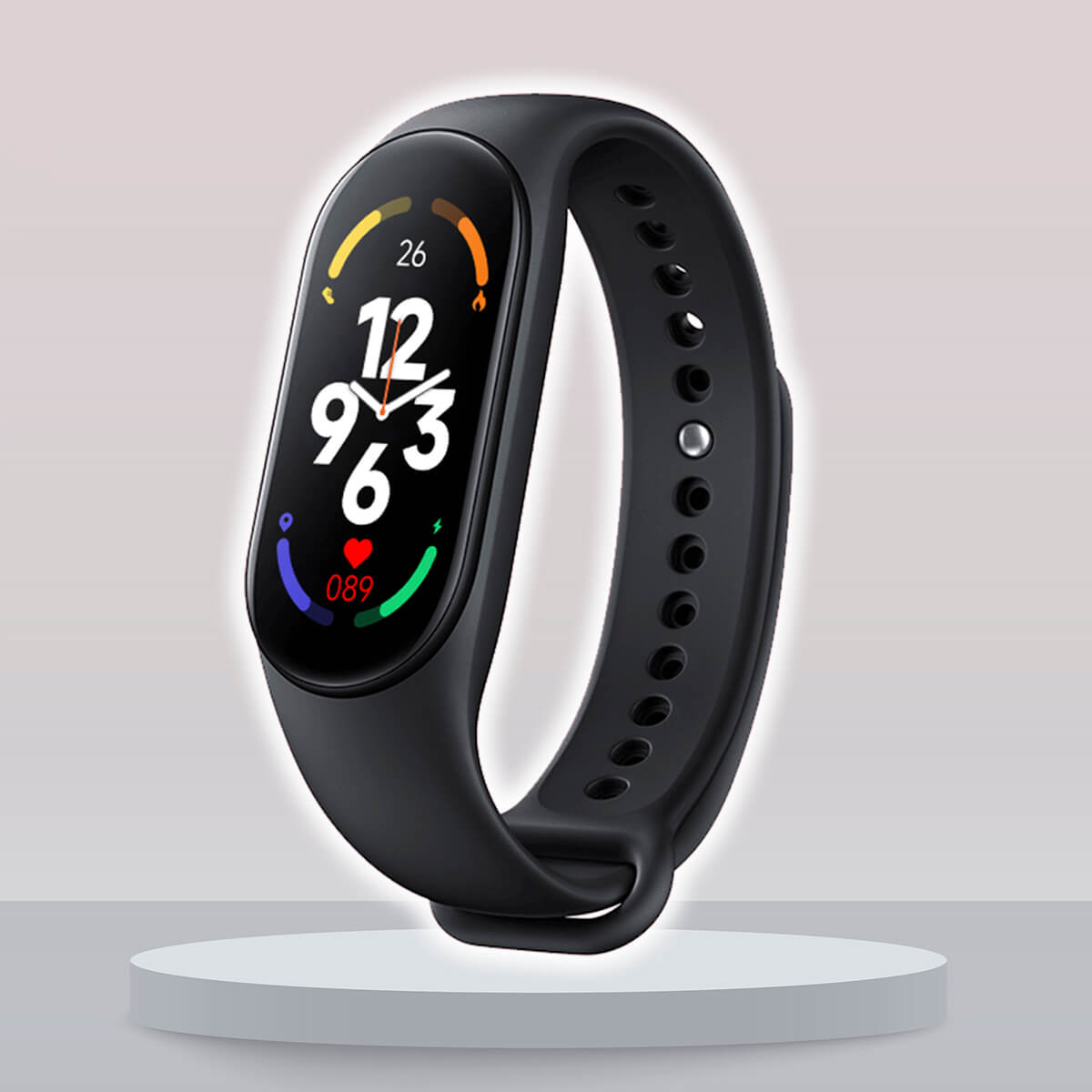 Schwarzes Fitnessarmband mit Farbdisplay, Herzfrequenzmesser, Schrittzähler, modernem Design.