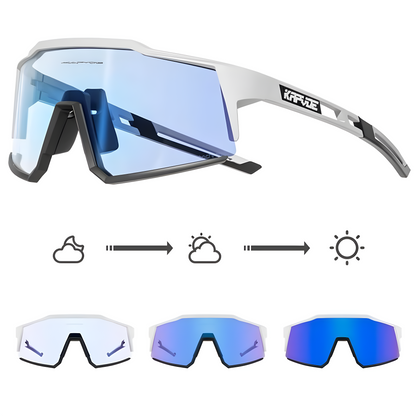 Sport-Sonnenbrille mit blauem Glas, weißem Rahmen, wechselbaren Gläsern, UV-Schutz.