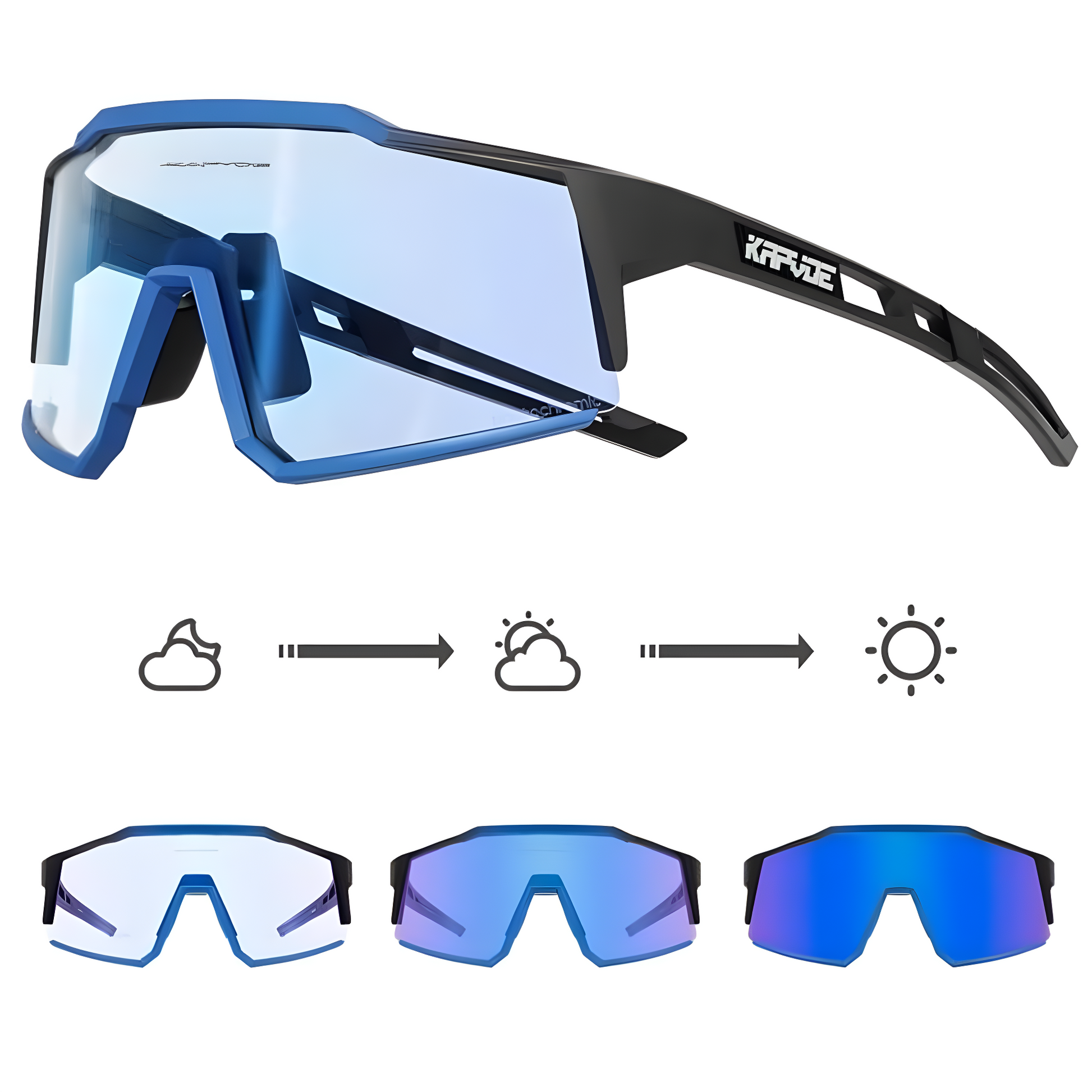 Schwarze und blaue Sport-Sonnenbrille mit wechselbaren Gläsern für alle Wetterbedingungen.