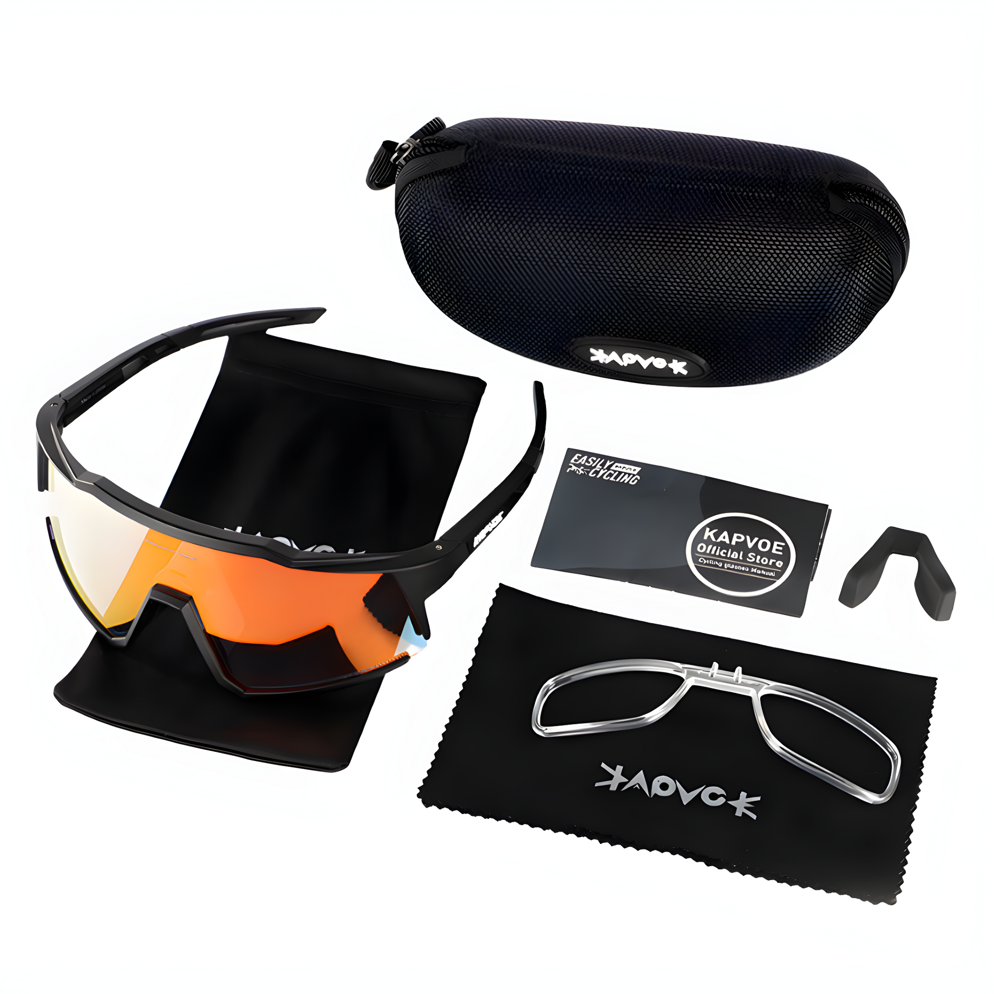 Sport-Sonnenbrille mit orangefarbenen Gläsern, schwarzem Rahmen, Etui und Zubehör.
