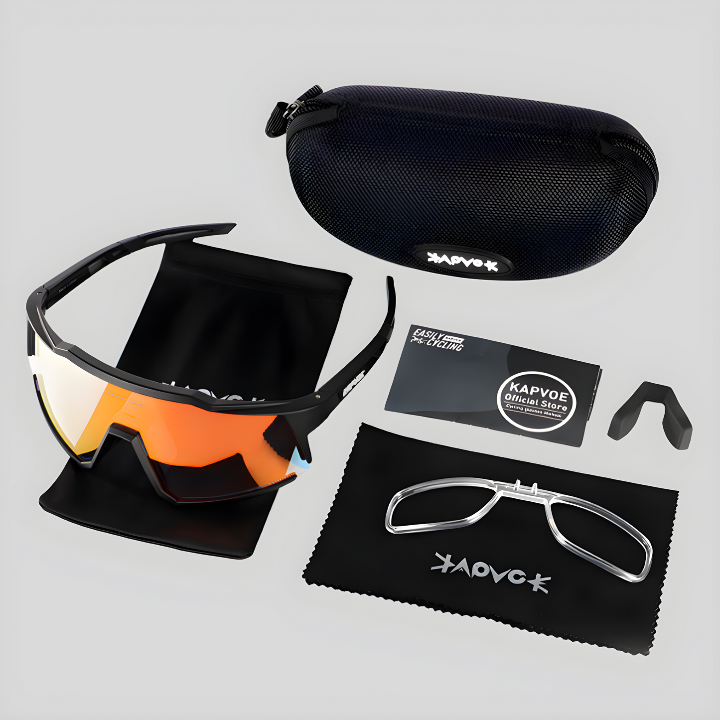 Kapvoe Sonnenbrille Set, schwarz, orange Gläser, Etui, Nasenclip, Reinigungstuch.