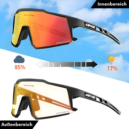 Schwarze Sonnenbrille mit photochromatischen Gläsern, orange-gelb, für Innen- und Außenbereich.