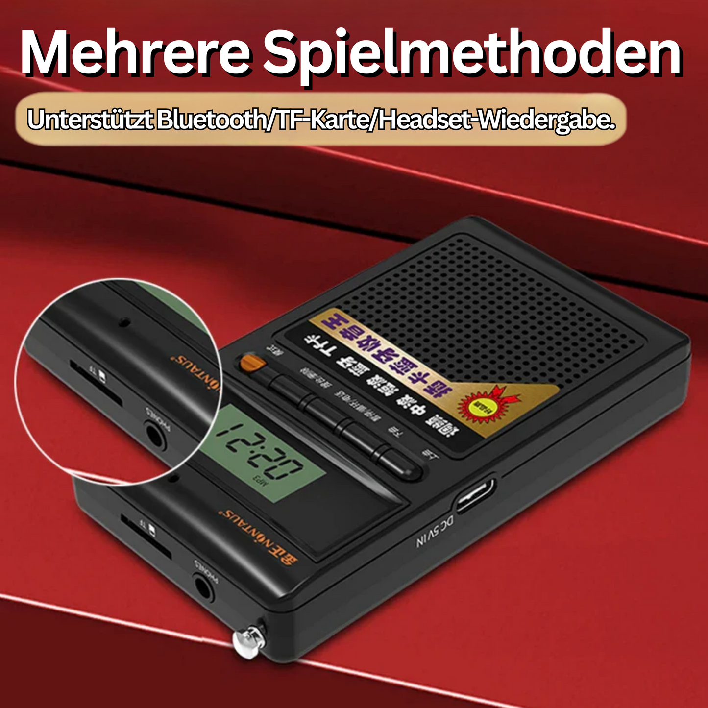 Schwarzer tragbarer Bluetooth-Lautsprecher mit Display und TF-Karten-Slot auf rotem Hintergrund.