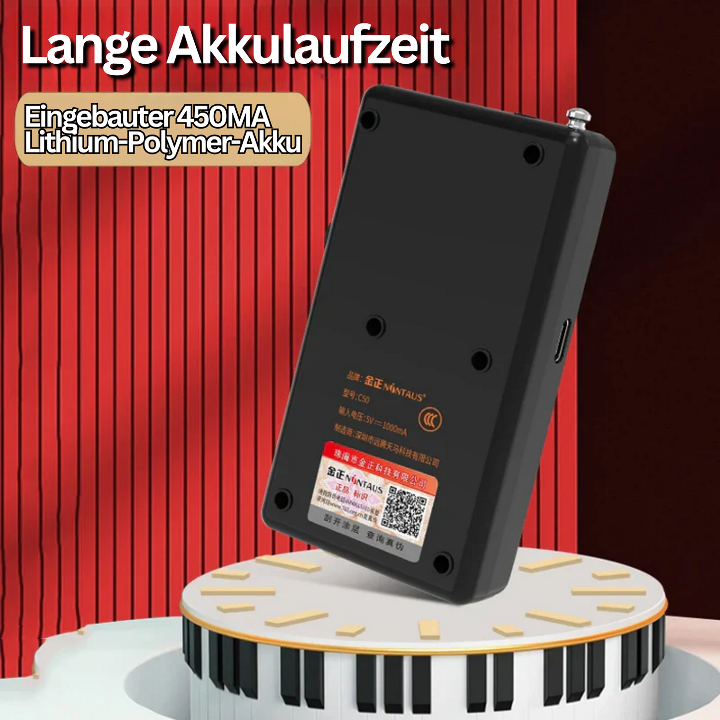 Schwarzes tragbares Ladegerät mit 450mAh Lithium-Polymer-Akku, lange Akkulaufzeit.